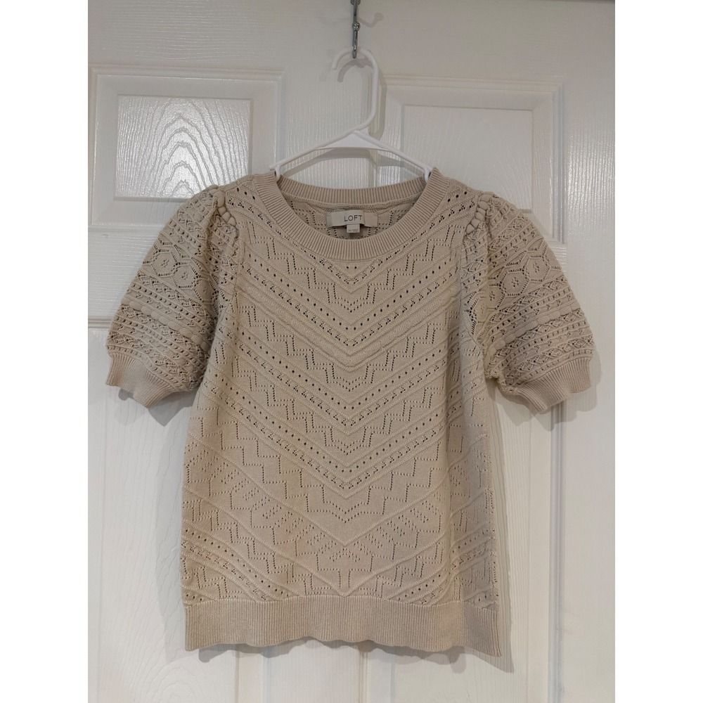 LOFT Cream Pointelle Puff Sleeve Knit Sweater Top XS Cream Cotton Chevron